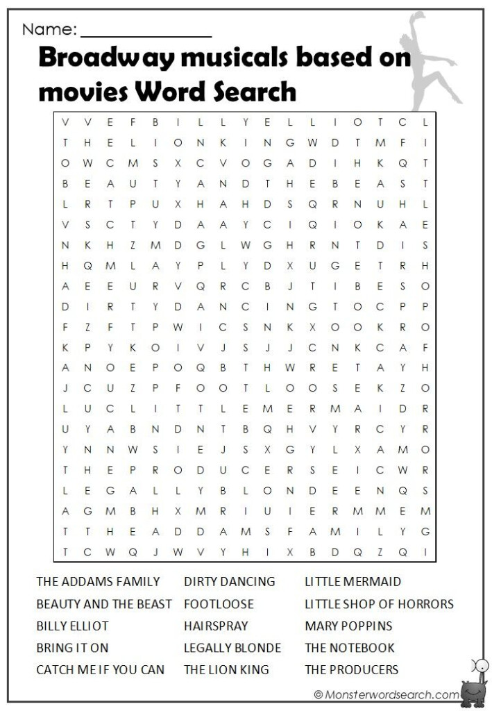 Broadway Musicals Based On Movies Word Search Word Puzzles For Kids 