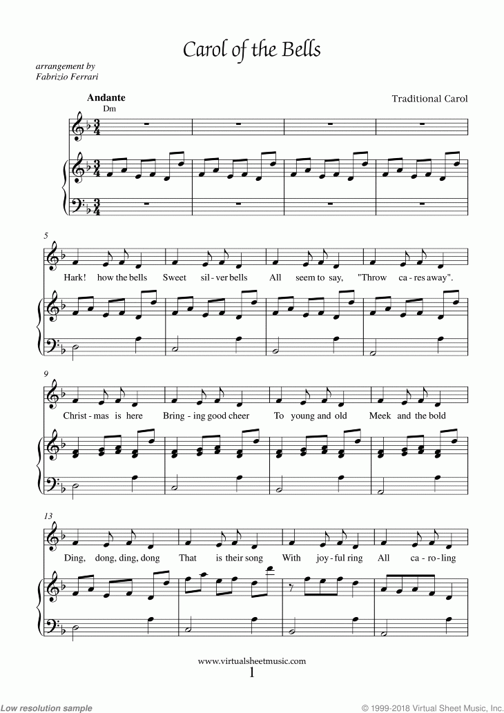 Carol Of The Bells Easy Piano Christmas Sheet Music PDF 