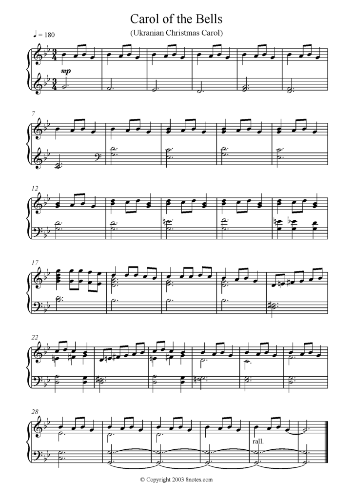 Carol Of The Bells Sheet Music For Piano 8notes Sheet Music 