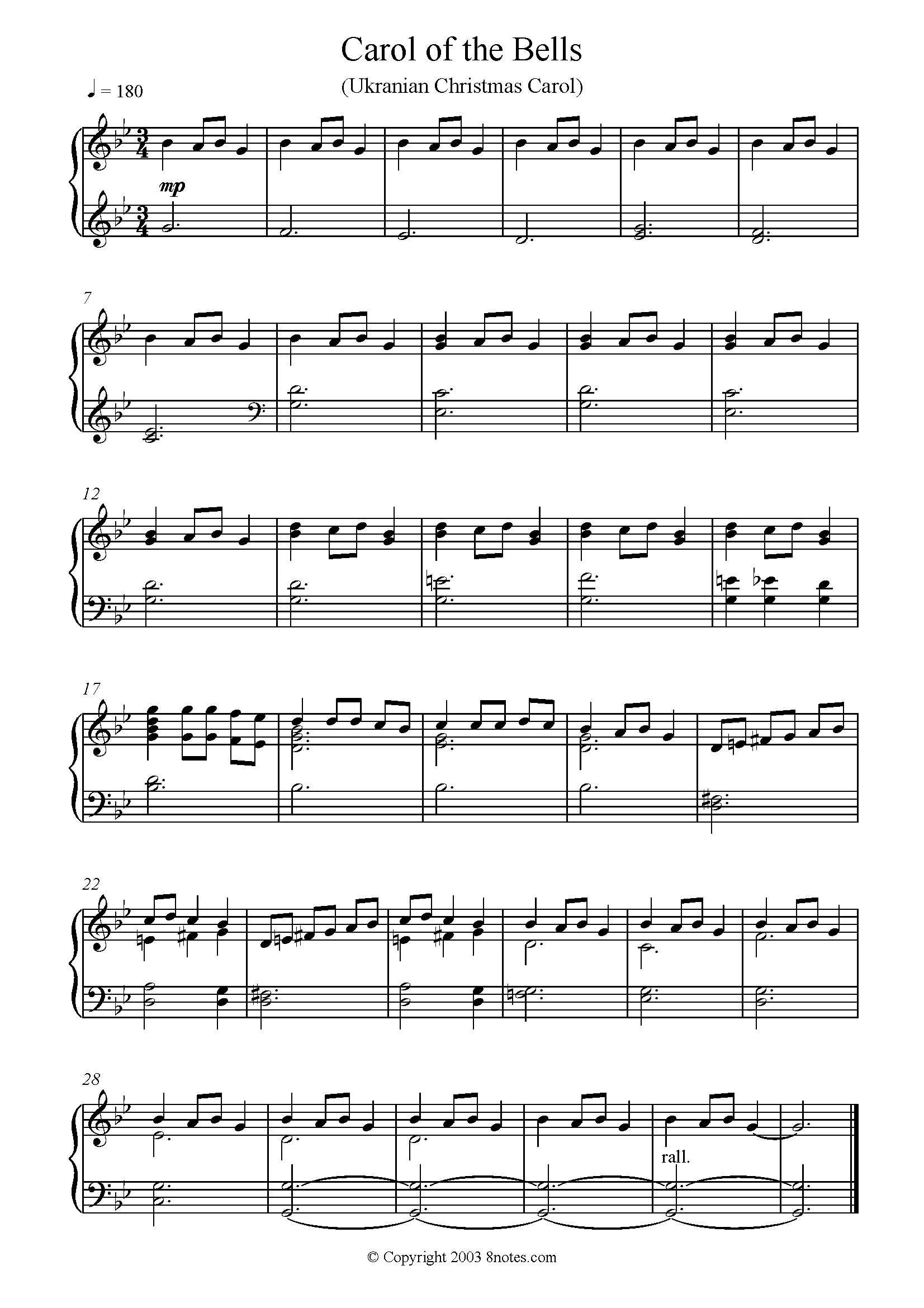 Carol Of The Bells Sheet Music For Piano 8notes Sheet Music 