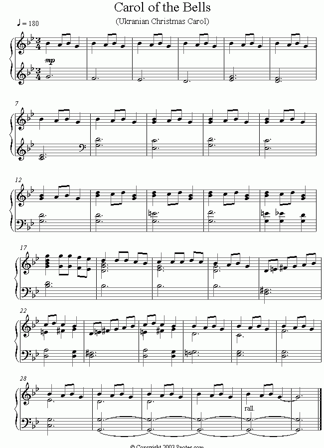 Carol Of The Bells Sheet Music For Piano 8notes