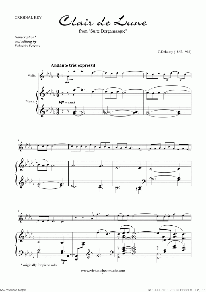 Clair De Lune Sheet Music For Violin And Piano By Debussy Violin 