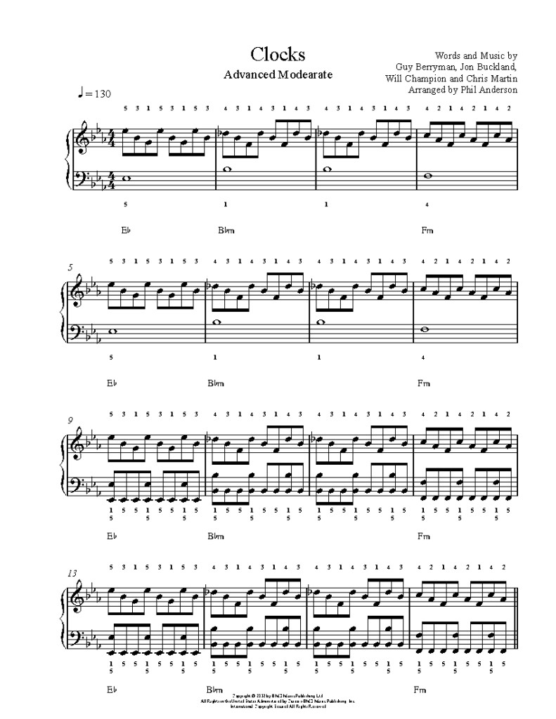 Clocks By Coldplay Piano Sheet Music Advanced Level