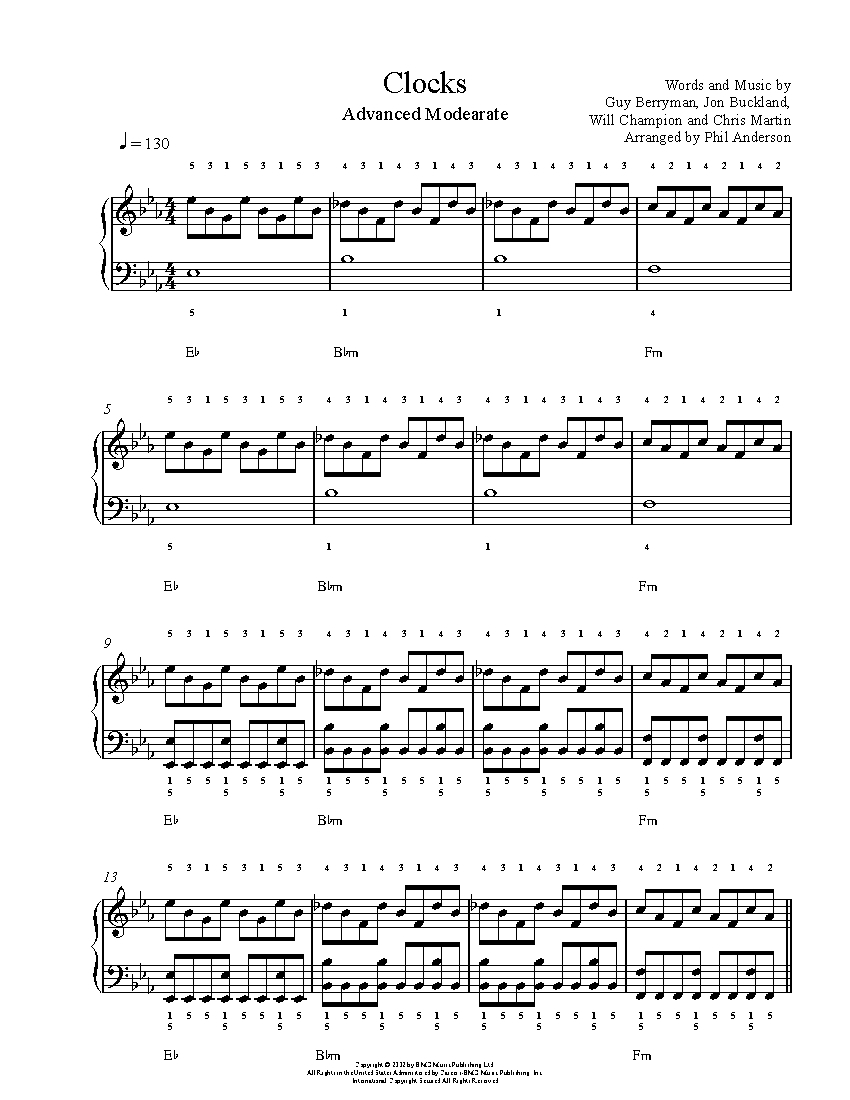 Clocks By Coldplay Piano Sheet Music Advanced Level