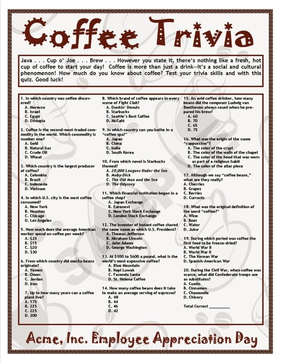 Coffee Trivia Printable Game Coffee Theme Birthdays