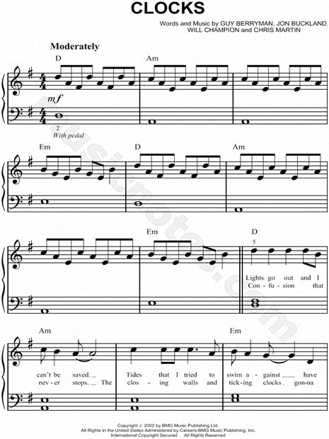 Coldplay Clocks Sheet Music Easy Piano Download Print 