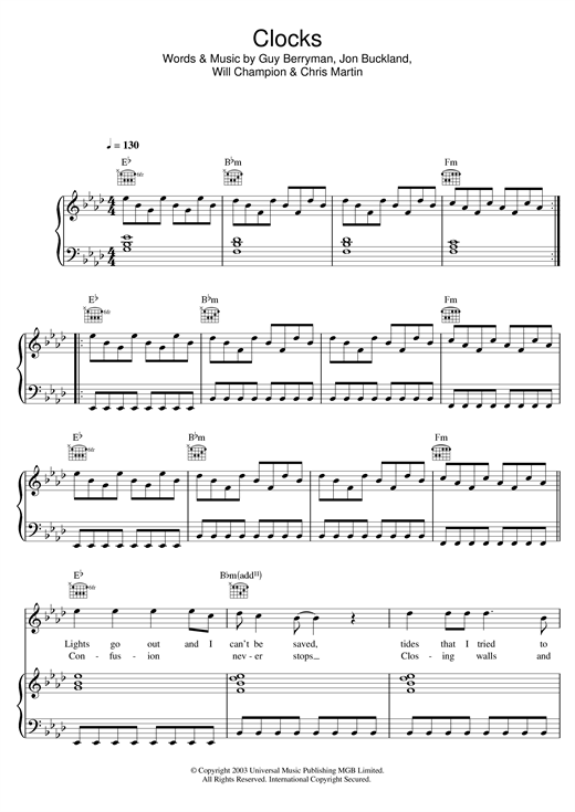 Coldplay Clocks Sheet Music PDF Notes Chords Rock Score Flute Solo