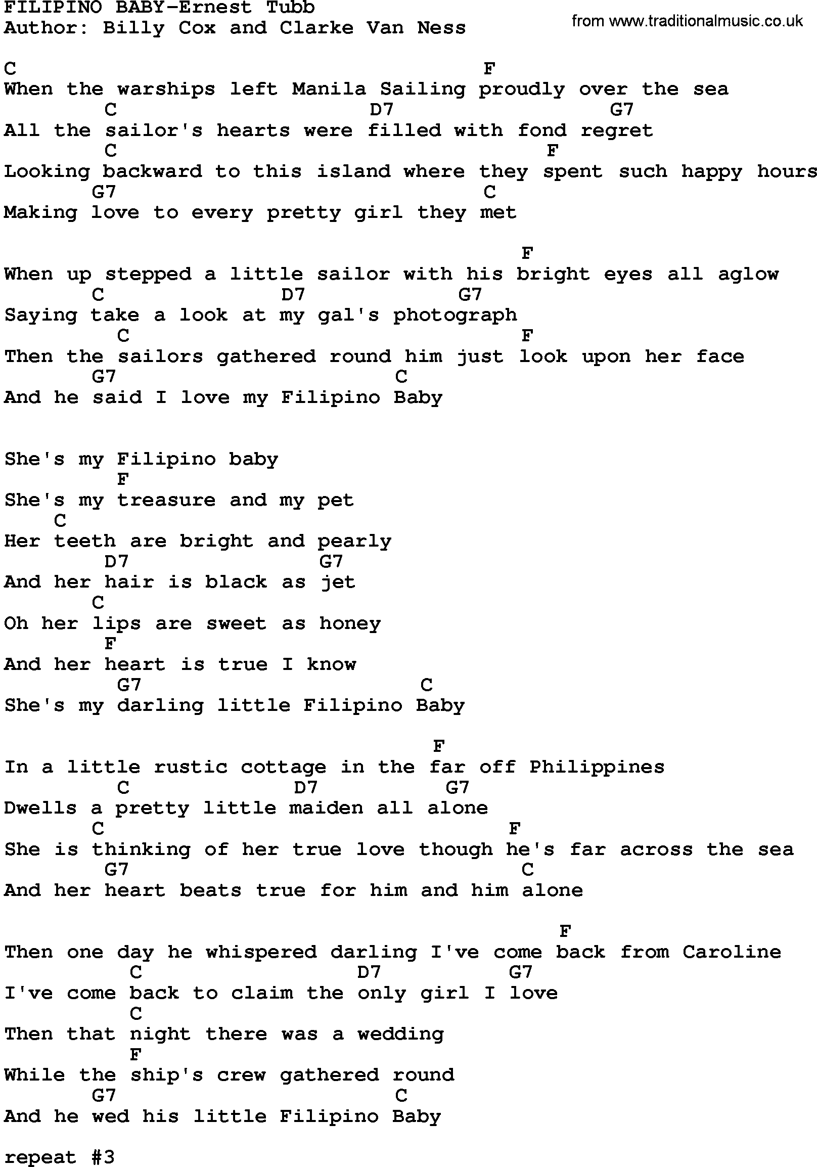 Country Music Filipino Baby Ernest Tubb Lyrics And Chords