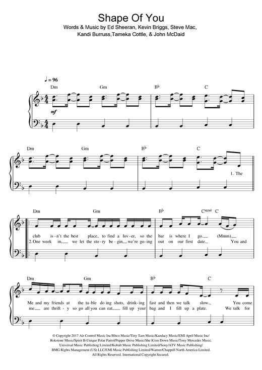 Ed Sheeran Shape Of You Sheet Music Notes Chords Score Download 