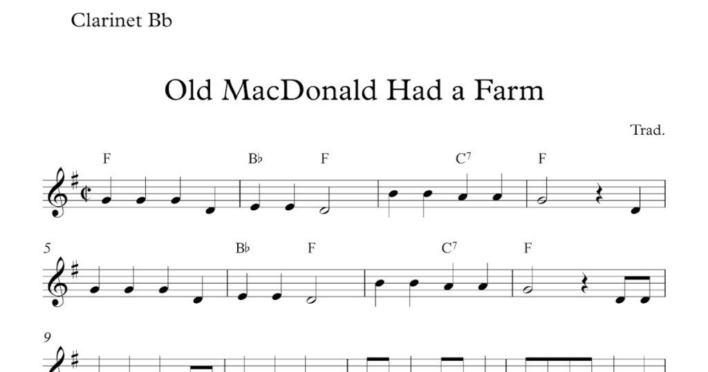 Free Easy Clarinet Sheet Music Old MacDonald Had A Farm