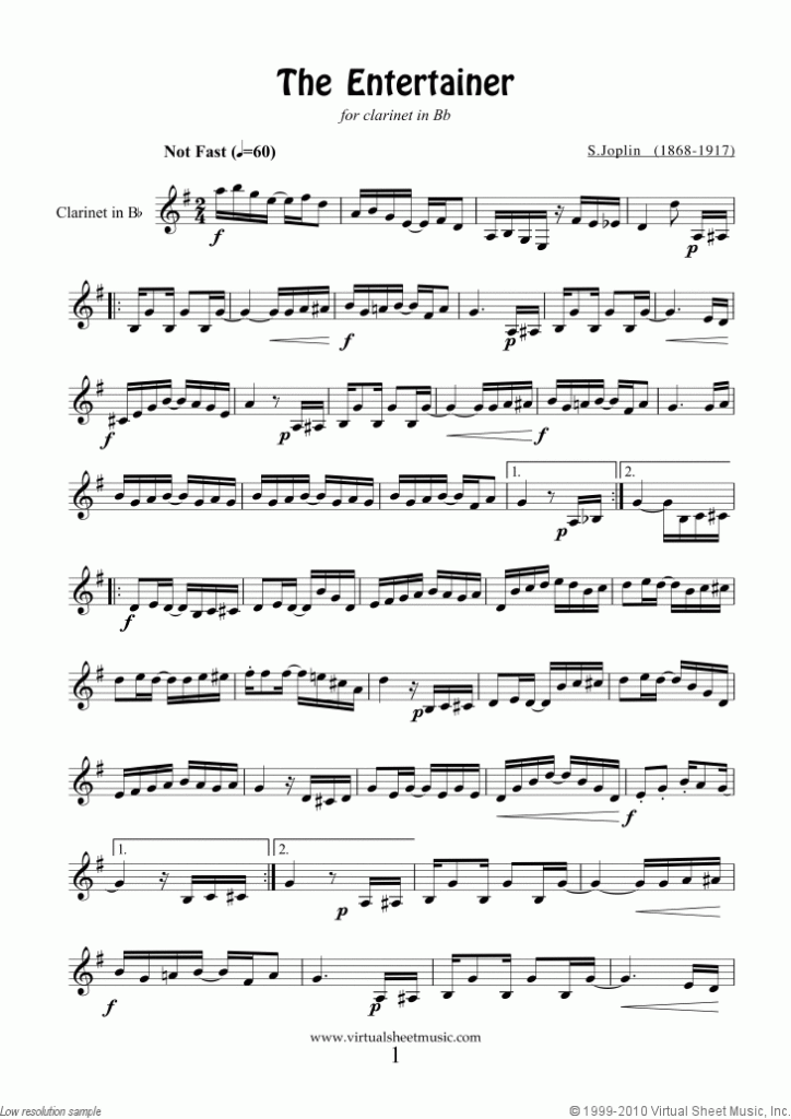 Free Joplin The Entertainer Sheet Music For Clarinet Solo PDF 