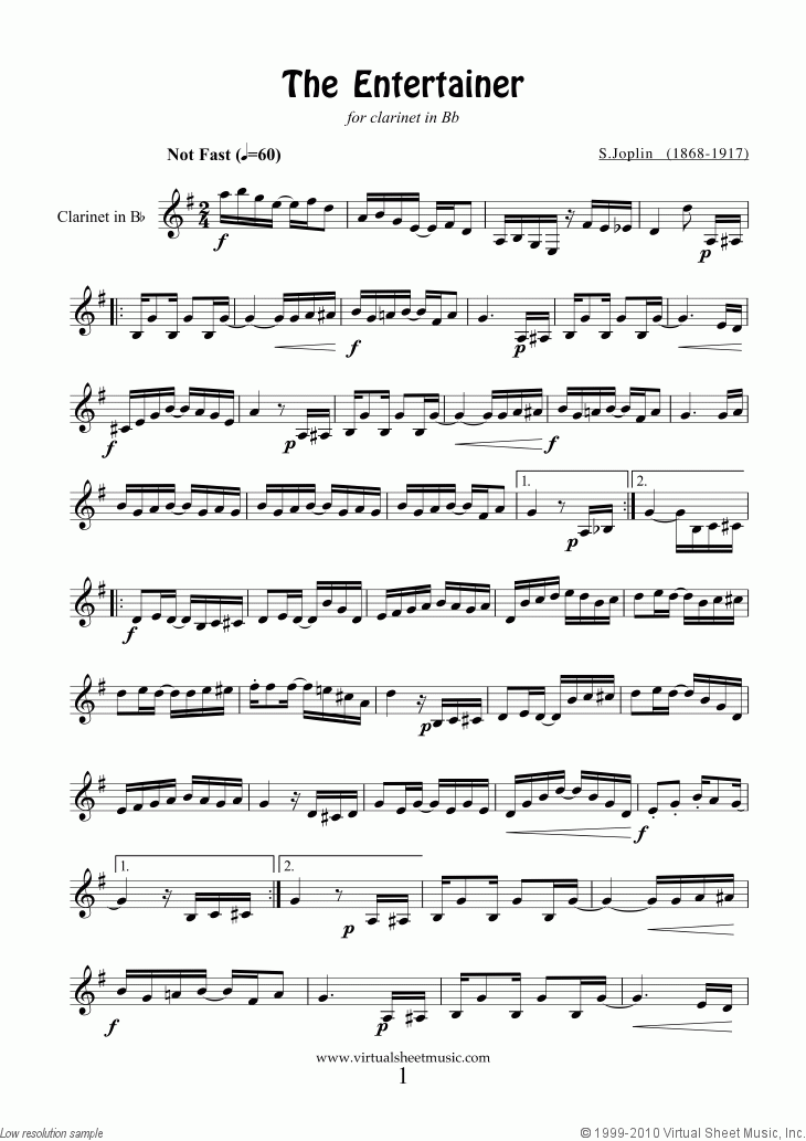 Free Joplin The Entertainer Sheet Music For Clarinet Solo PDF