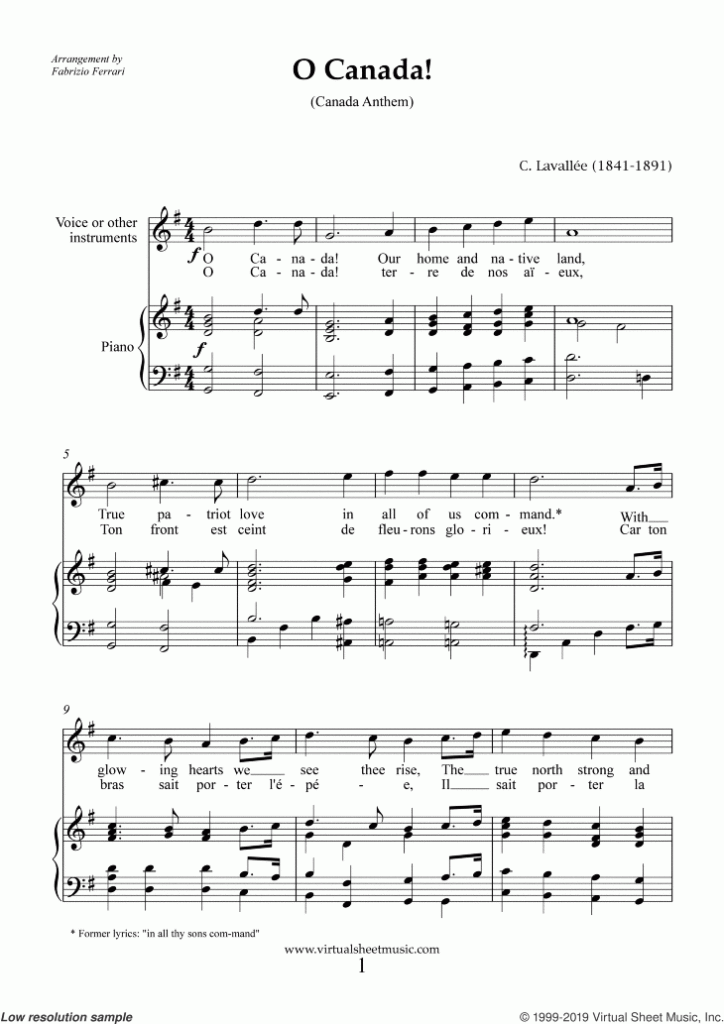 Free Lavallee O Canada Sheet Music For Piano Voice Or Other Instruments