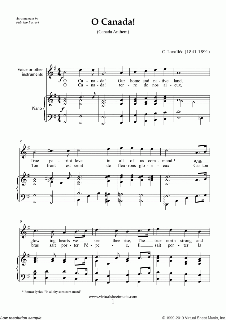 Free Lavallee O Canada Sheet Music For Piano Voice Or Other Instruments