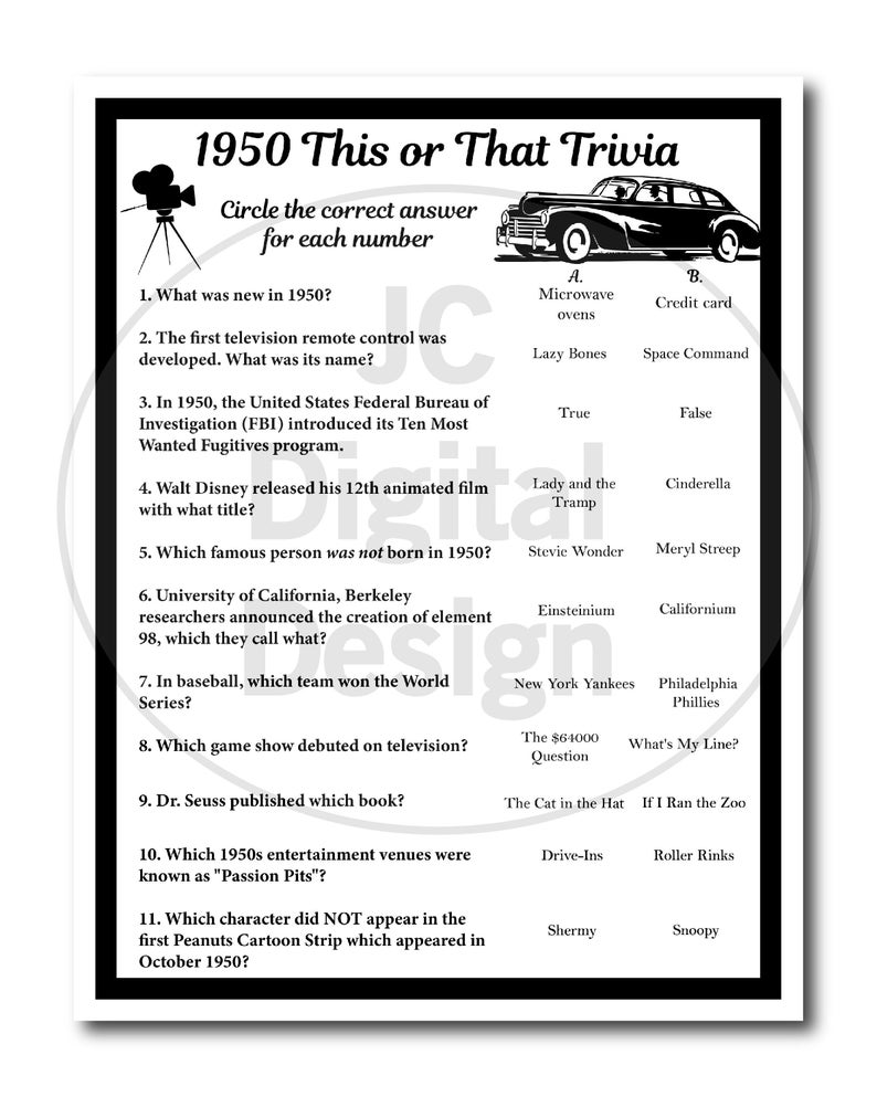 Free Printable 1950 Trivia Questions And Answers Printable 1950 S How