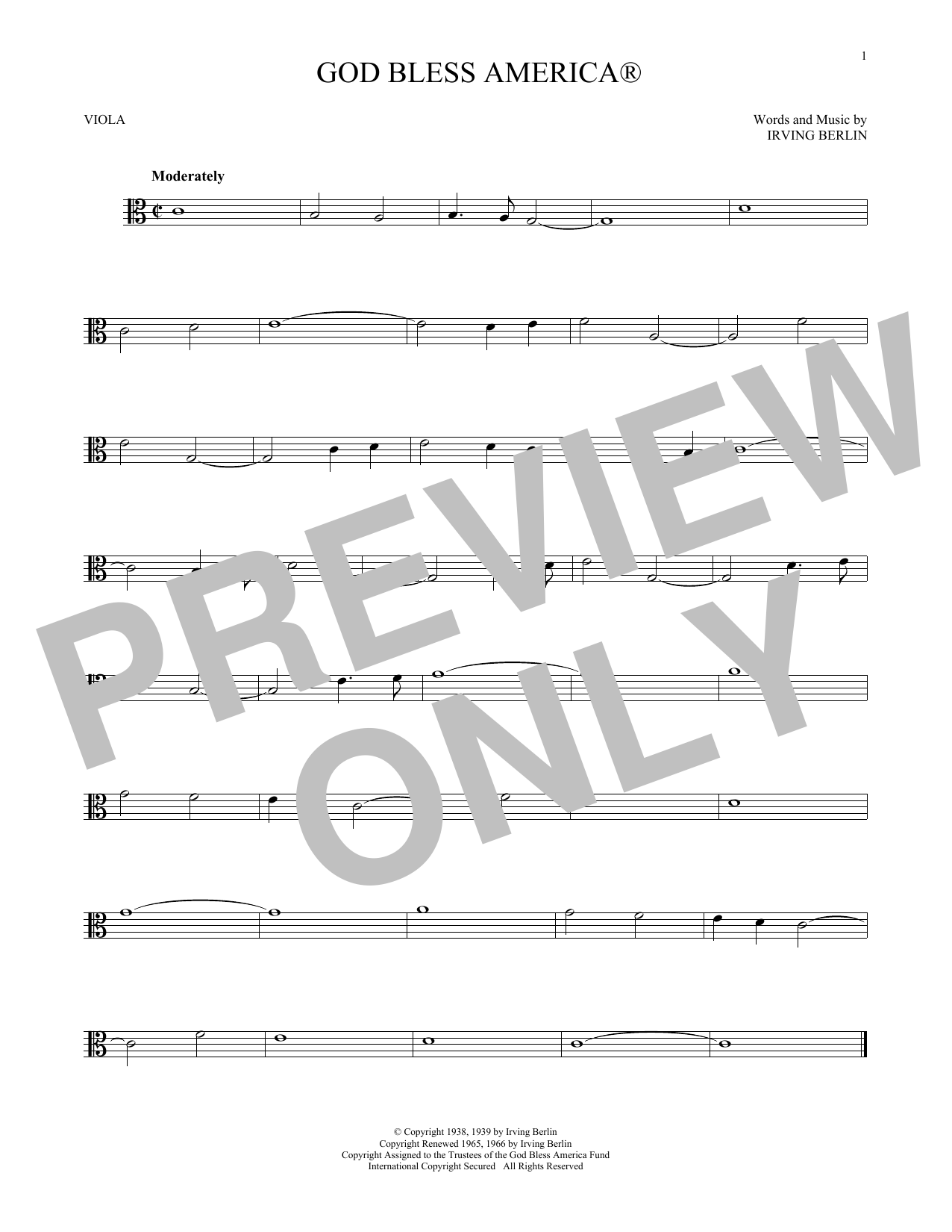 God Bless America Viola Solo Print Sheet Music Now