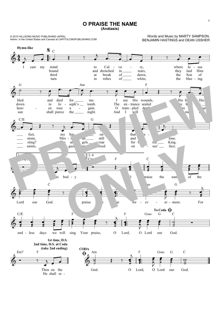 Hillsong Worship O Praise The Name Anastasis Sheet Music Notes 