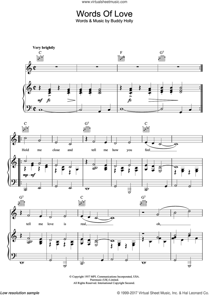 Holly Words Of Love Sheet Music For Voice Piano Or Guitar