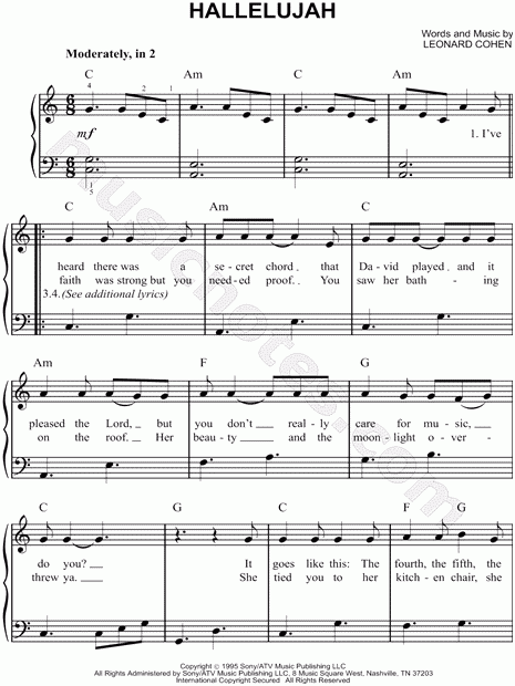 Leonard Cohen Hallelujah Sheet Music Easy Piano In C Major 