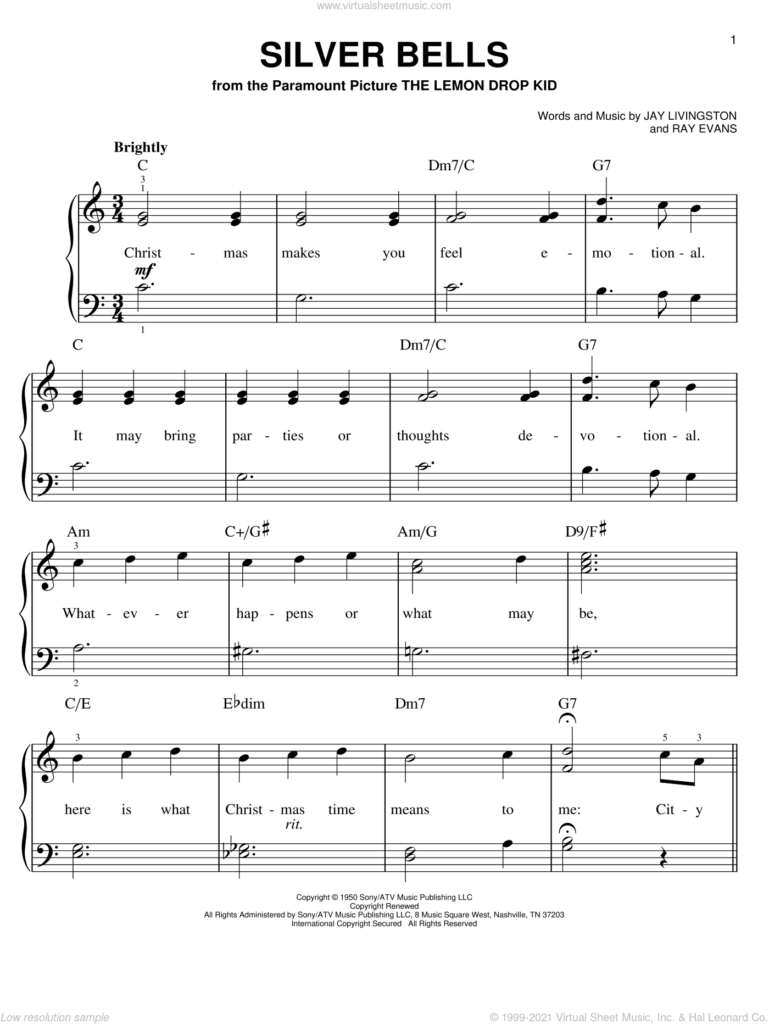 Livingston Silver Bells Sheet Music easy Version 2 For Piano Solo