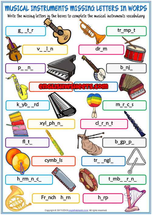 Musical Instruments ESL Missing Letters In Words Worksheet Musicals 