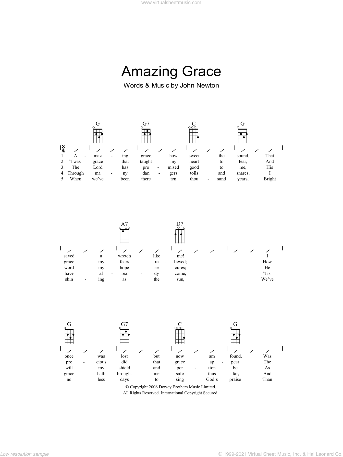 Newton Amazing Grace Sheet Music For Ukulele chords PDF 