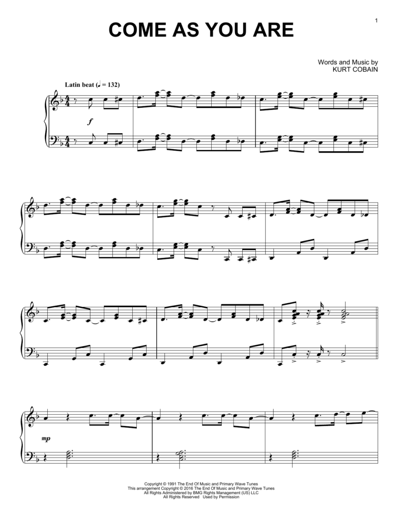 Nirvana Come As You Are Jazz Version Sheet Music Notes Download 