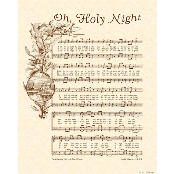 OH HOLY NIGHT 11x14 Antique Hymn Art Print Vintage Verses