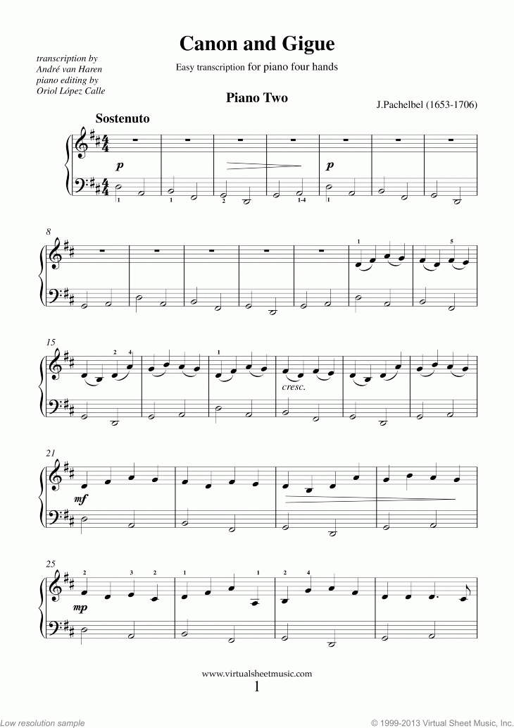 Pachelbel Canon In D Sheet Music For Piano Four Hands PDF 