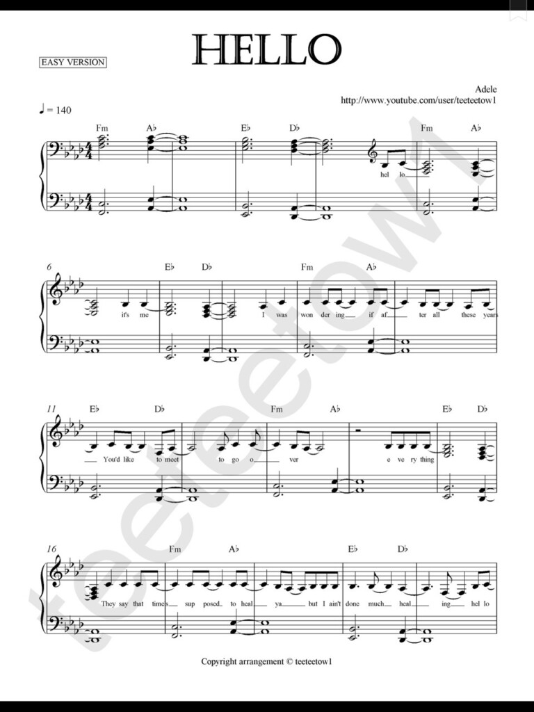 Piano Sheet Music Hello Adele Piano Sheet 