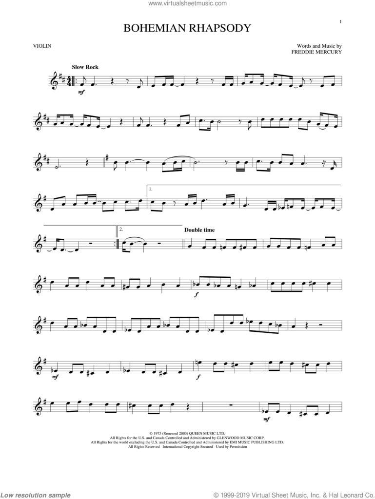 Queen Bohemian Rhapsody Sheet Music For Violin Solo PDF 