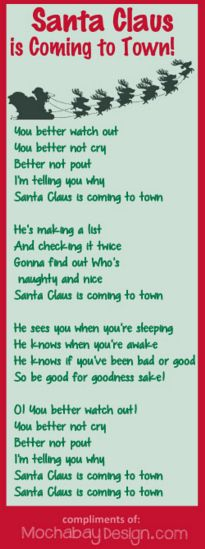 Santa Claus Is Coming To Town Free Printable Christmas Holiday Song 