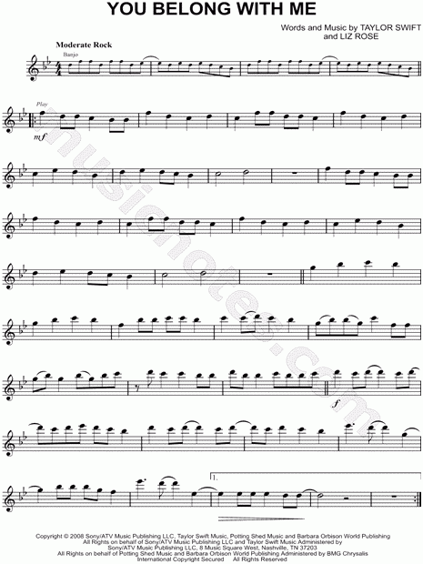 Taylor Swift You Belong With Me Sheet Music Flute Violin Oboe Or 