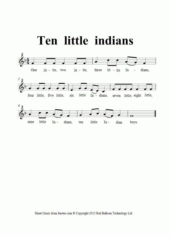 Ten Little Indians Sheet Music For Recorder 8notes