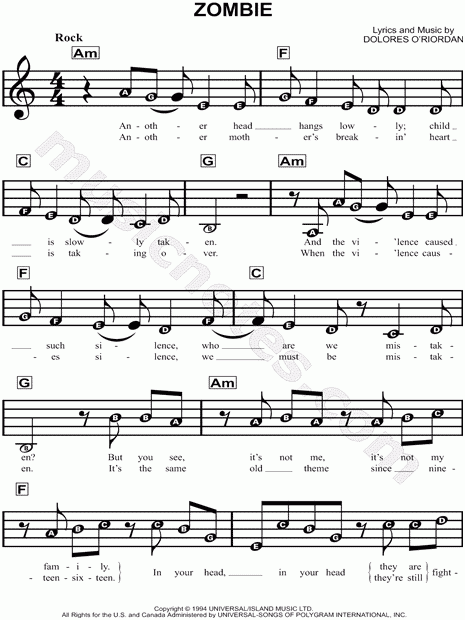 The Cranberries Zombie Sheet Music For Beginners In A Minor 