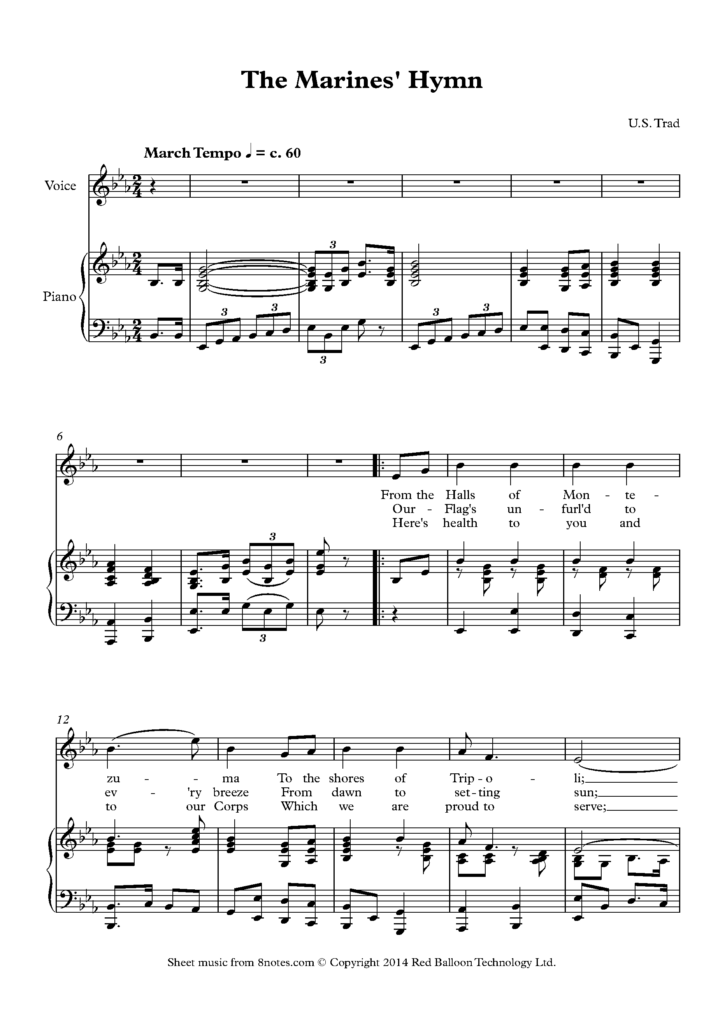 The Marines Hymn Sheet Music For Piano 8notes