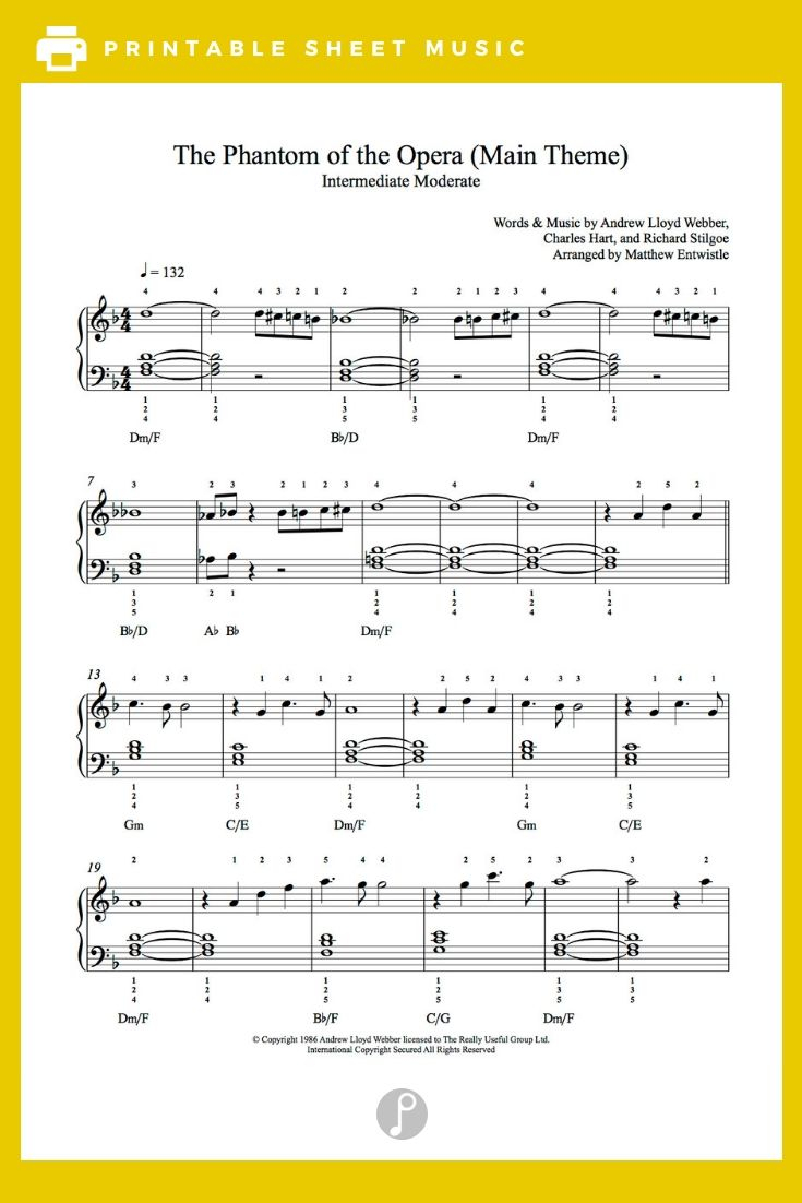 The Phantom Of The Opera Piano Sheet Music Intermediate Level Sheet