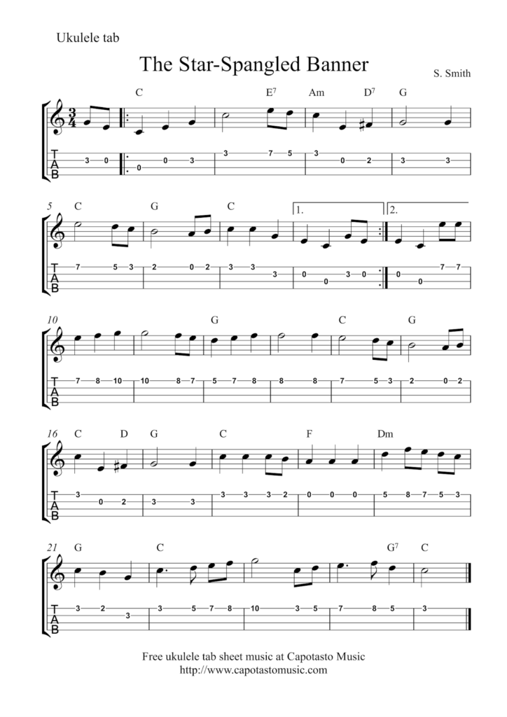 The Star Spangled Banner Free Ukulele Tablature Sheet Music