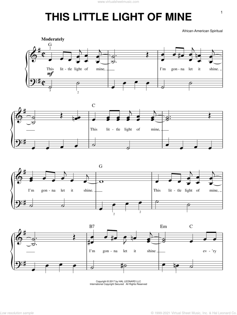 This Little Light Of Mine beginner Sheet Music For Piano Solo