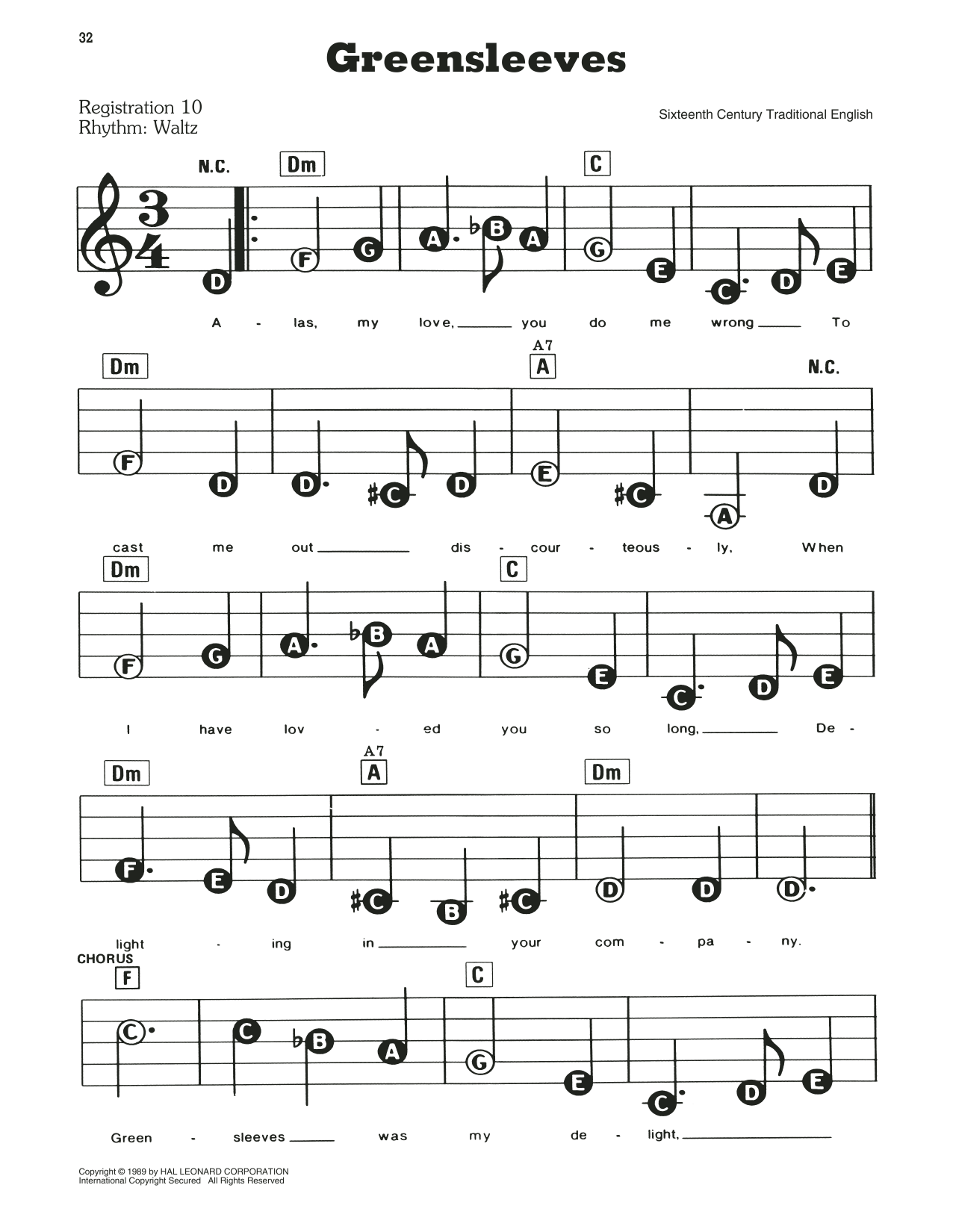 Traditional English Greensleeves Sheet Music Notes Chords Download 