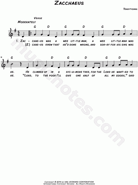 Traditional Zacchaeus Sheet Music Leadsheet In G Major Download 