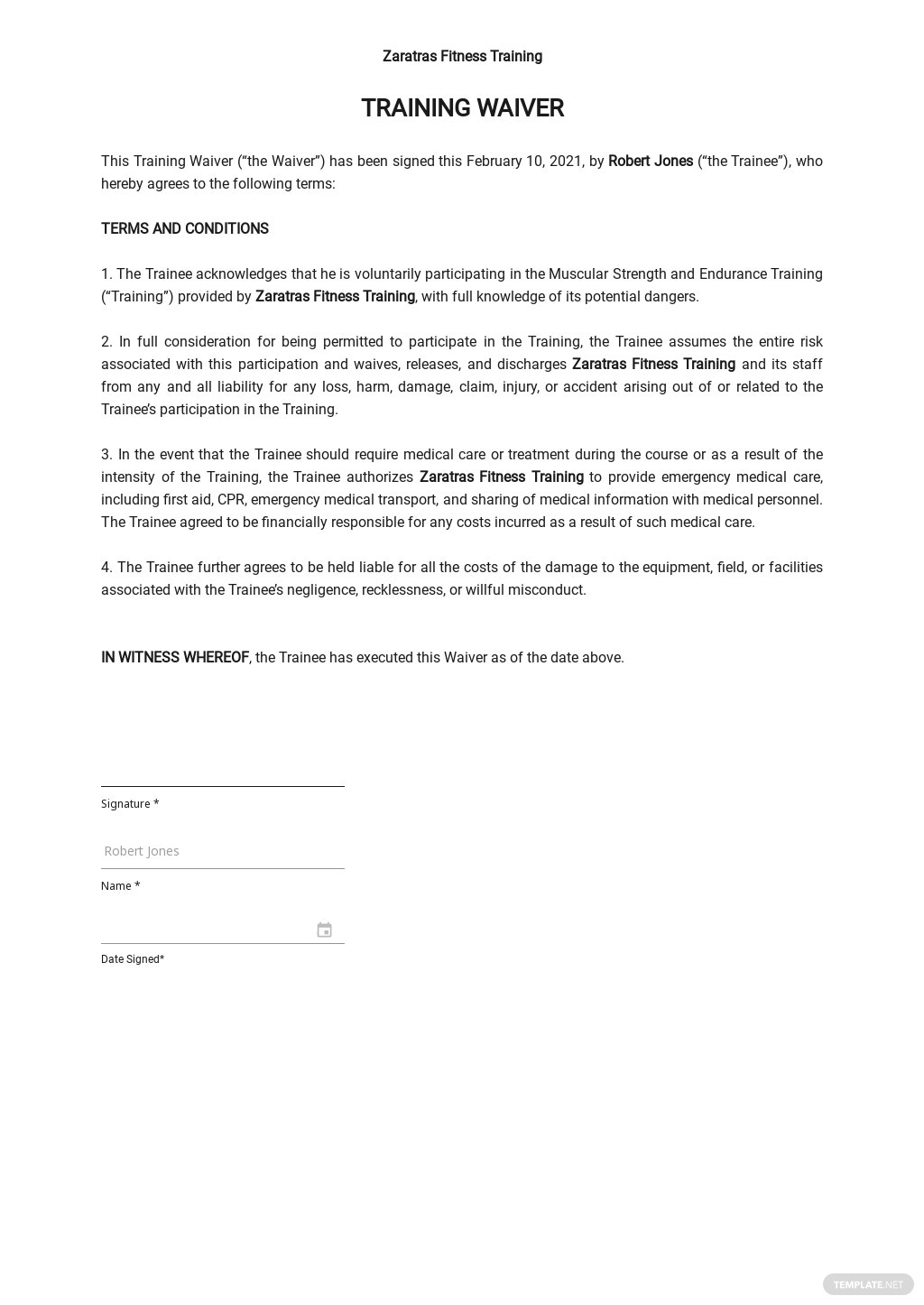 Training Waiver Sample Template Google Docs Word Template