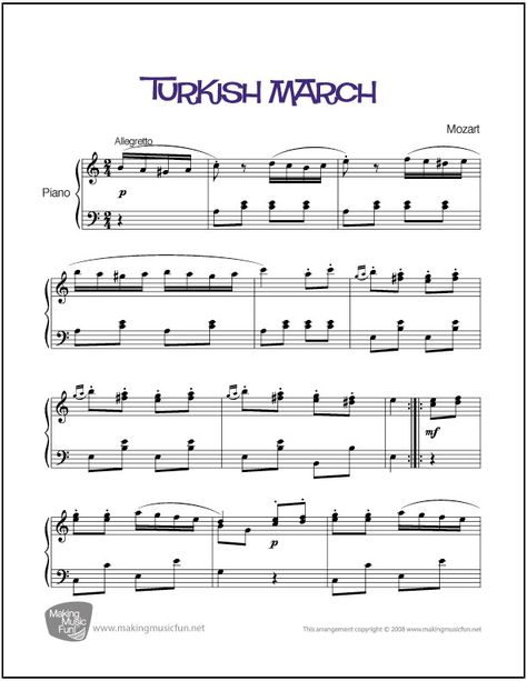 Turkish March Mozart Sheet Music For Piano Digital Print Http