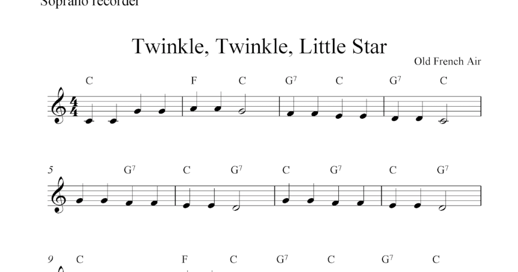 Twinkle Twinkle Little Star Free Soprano Recorder Sheet Music Notes