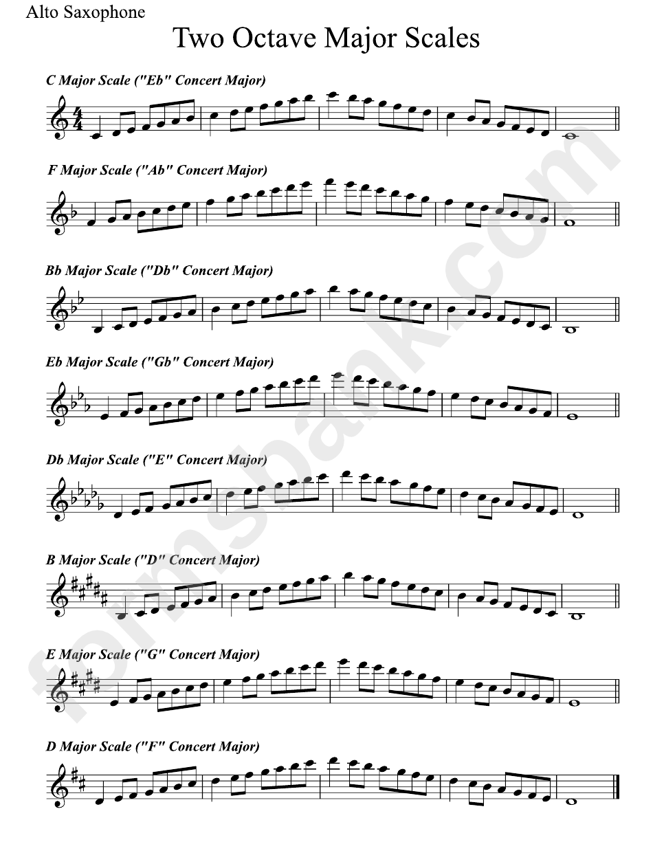 Two Octave Major Scales Alto Sax Scale Sheet Printable Pdf Download